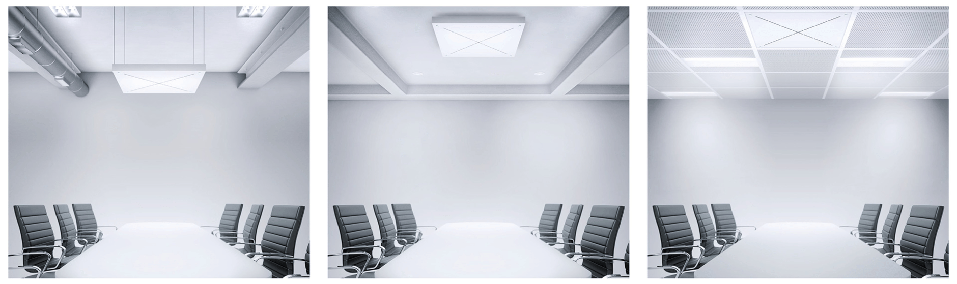 Sennheiser TeamConnect Ceiling 2 installed in three different conference room settings.