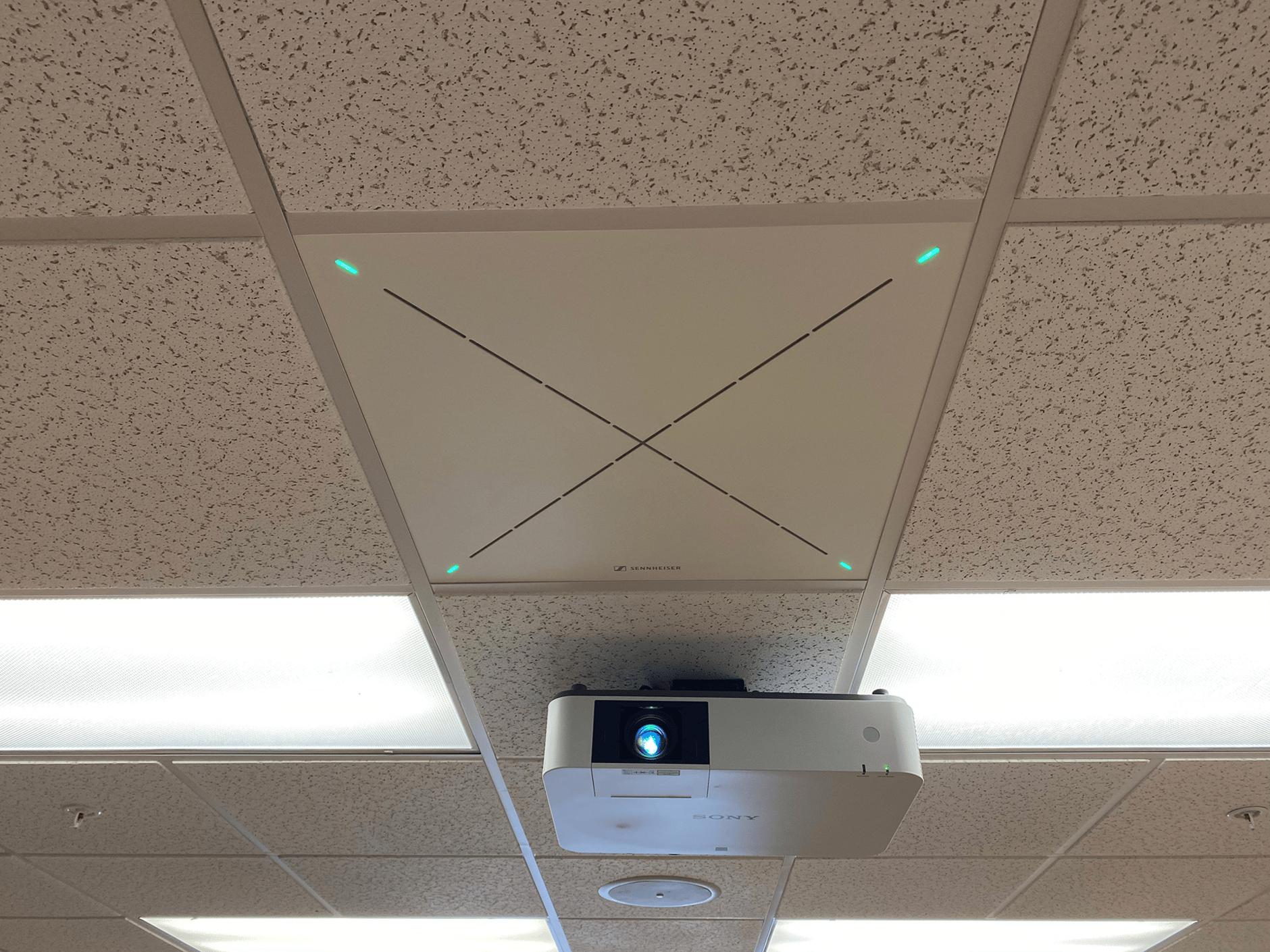 Sennheiser TCC2 ceiling microphone mounted in a classroom at the University of South Florida.