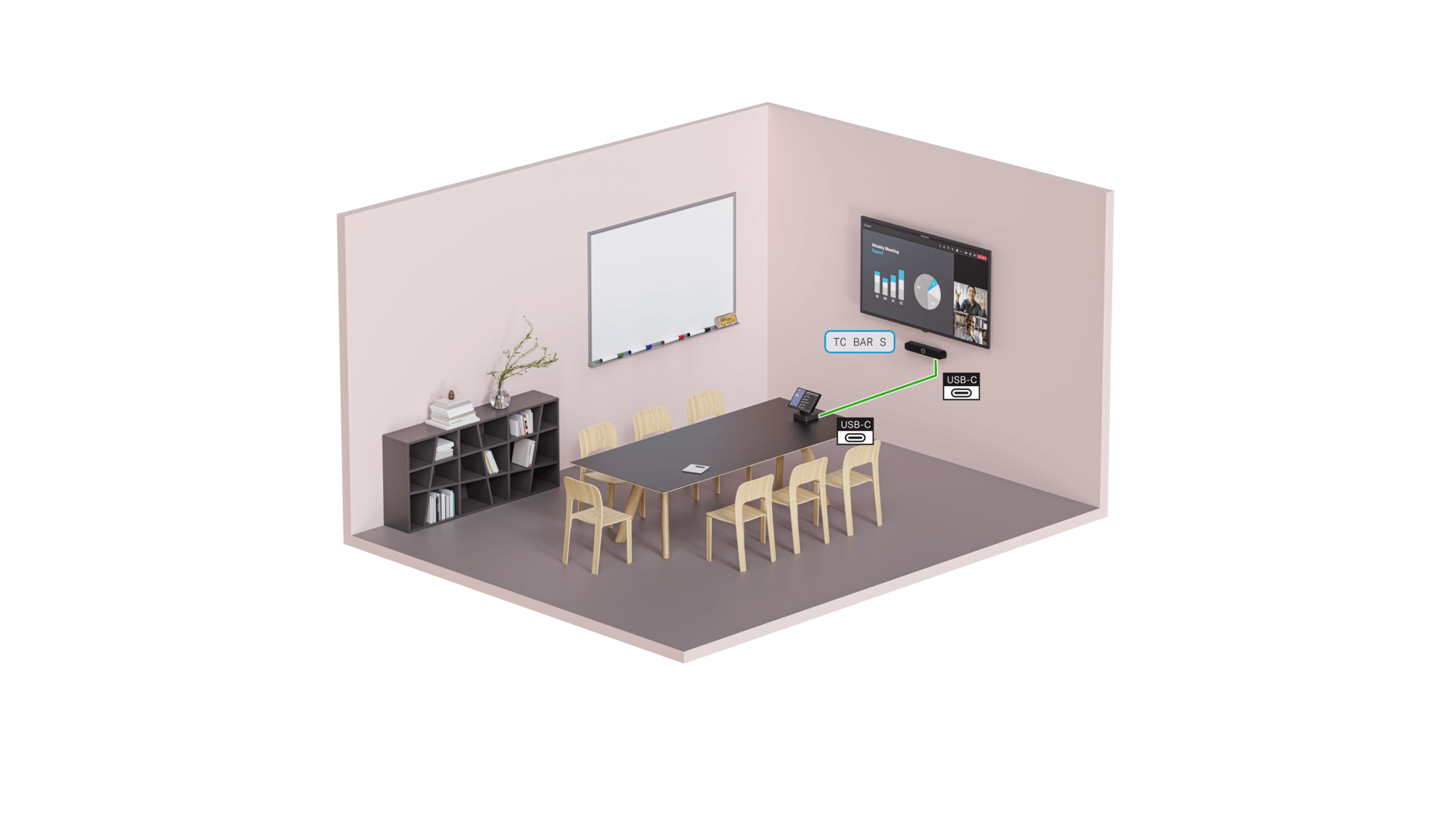 Modern conference room with video conferencing setup and digital whiteboard.