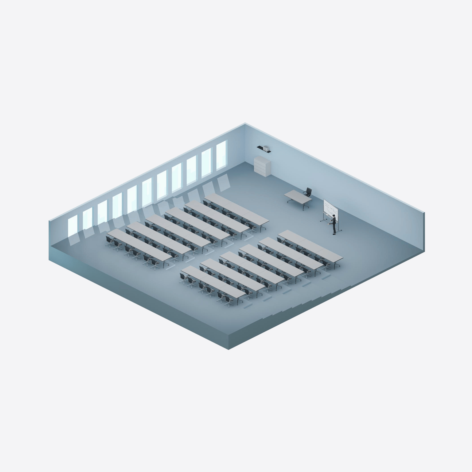 Modern conference room setup with multiple rows of tables and chairs, projector, and whiteboard.