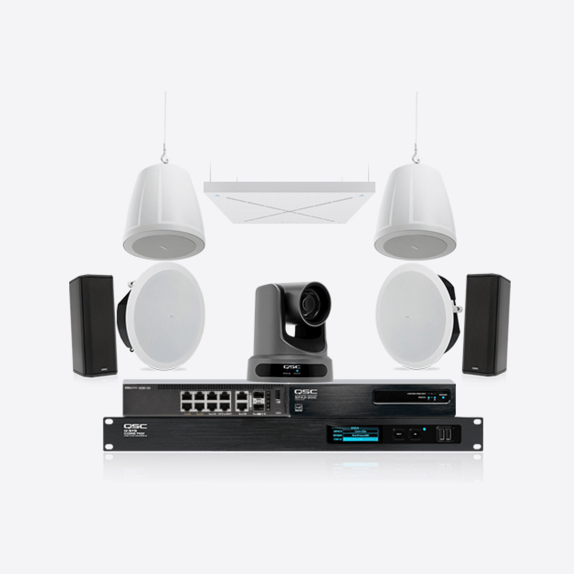 QSC Q-SYS Teams audio and video conferencing equipment setup