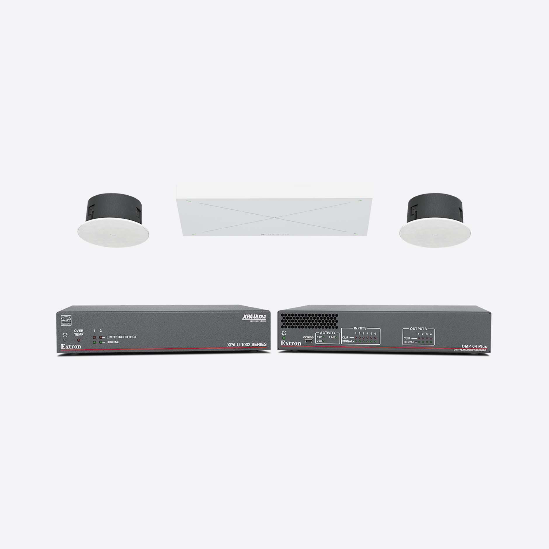 Sennheiser audio equipment including ceiling microphones and amplifiers.