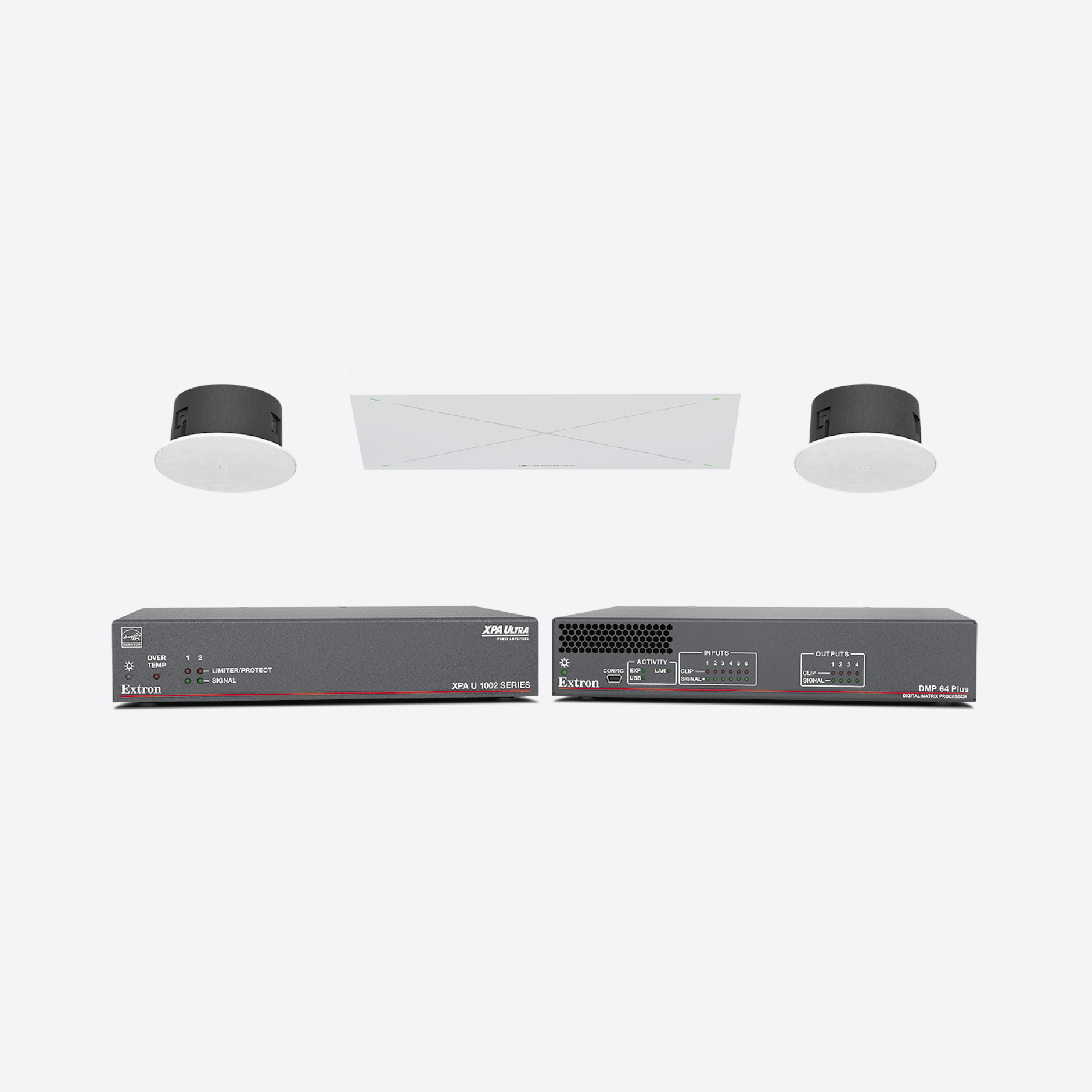 Extron audio and video equipment setup with ceiling speakers.