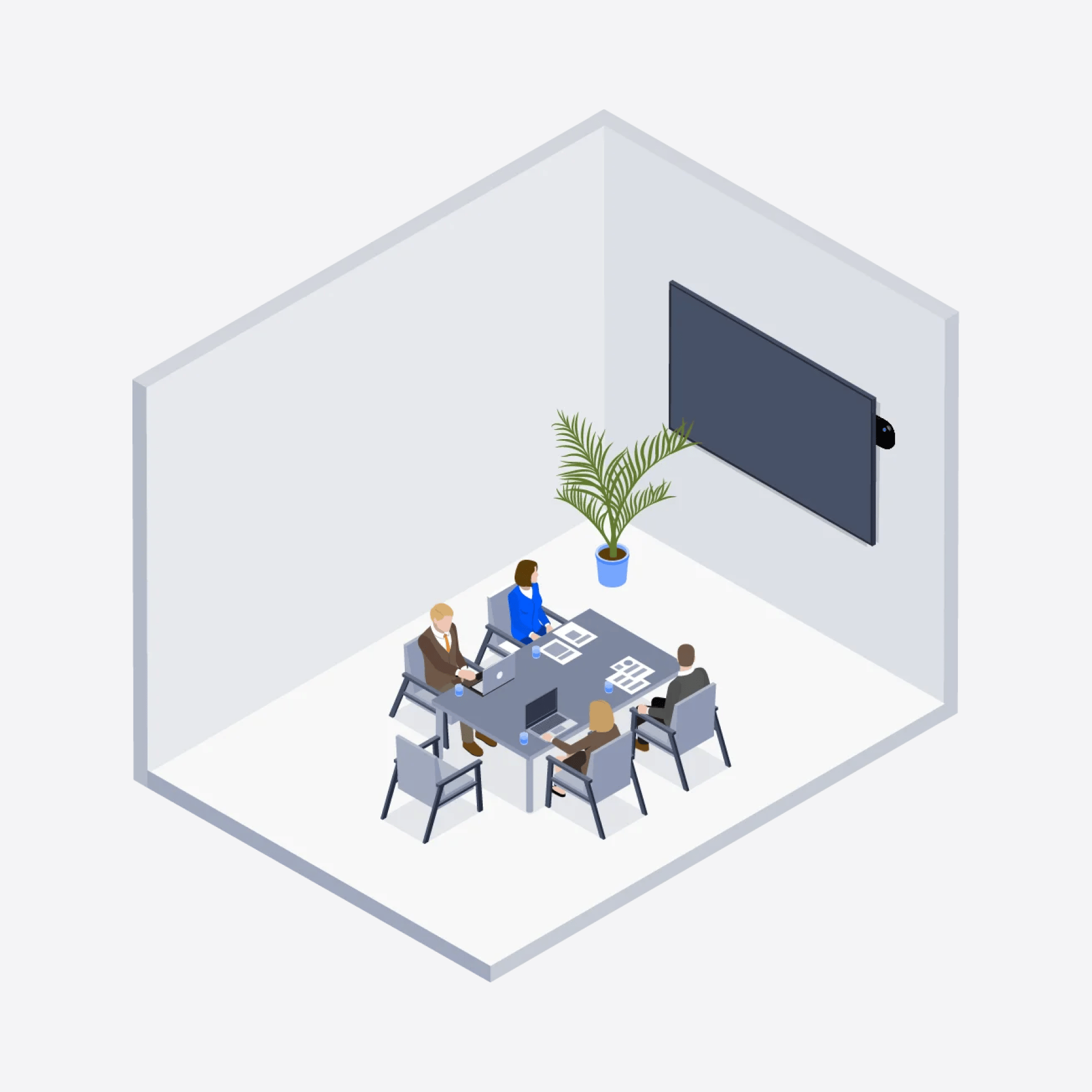 Office meeting with four people, conference table, and large screen on the wall.