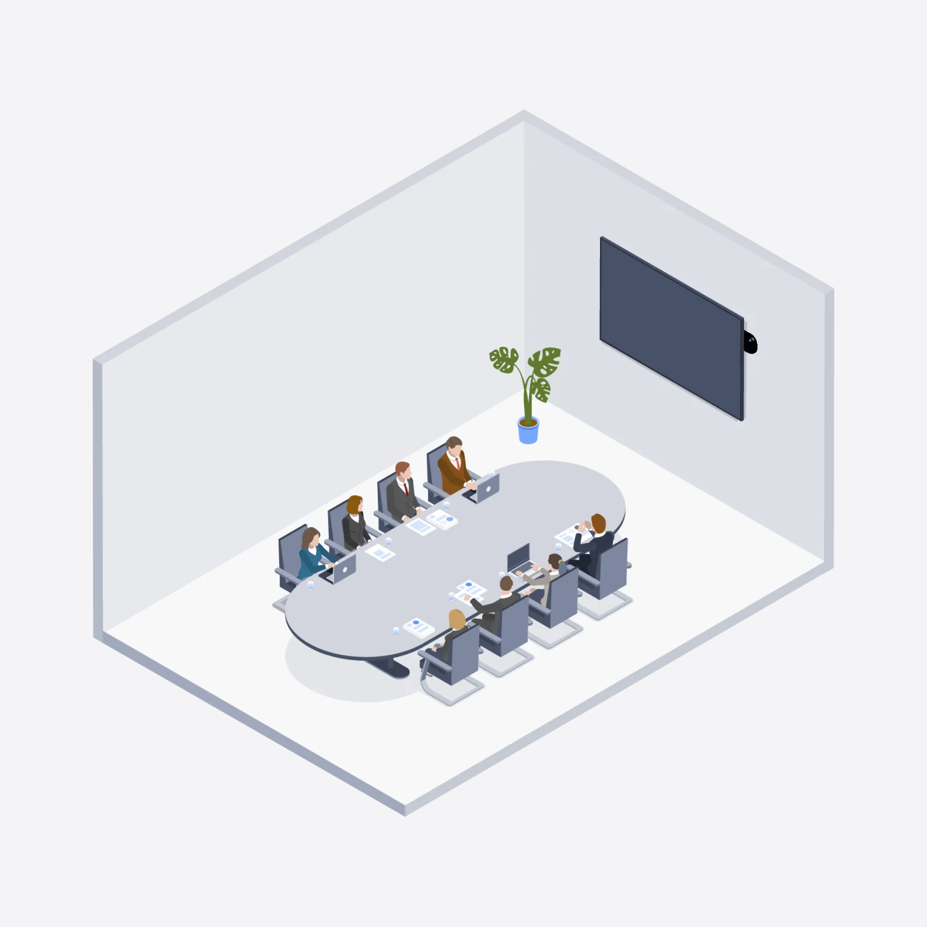 People in a conference room with a large screen and a plant.