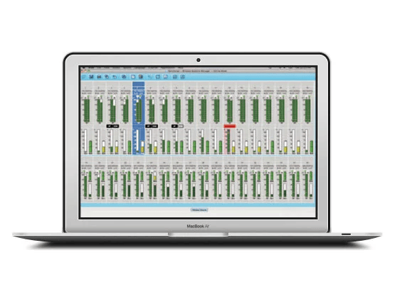 Sennheiser 2000 Series wireless microphone system interface displayed on a MacBook Air.