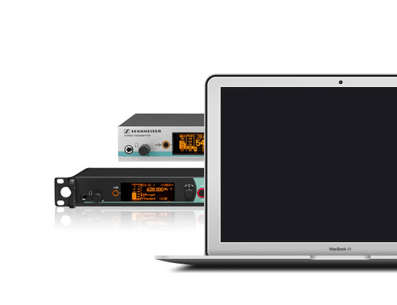 Sennheiser 2000 series wireless microphone system with a MacBook.