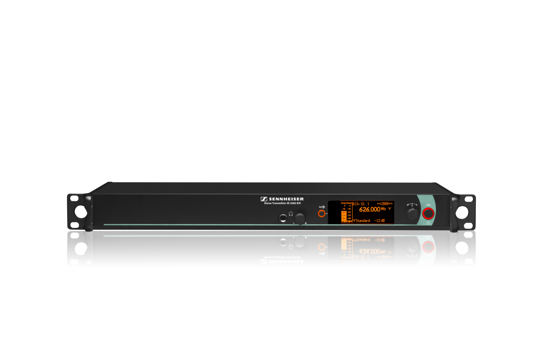 Sennheiser SR 2000 IEM wireless transmitter with digital display and control buttons.