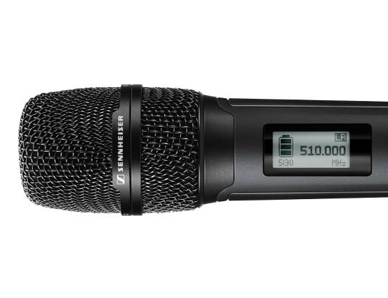 Sennheiser SKM 6000 wireless microphone with digital display showing frequency.