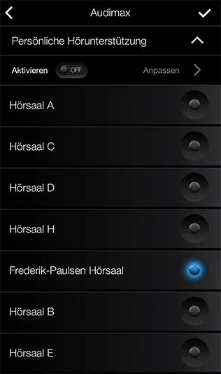 Audimax personal hearing support interface with multiple lecture hall options.