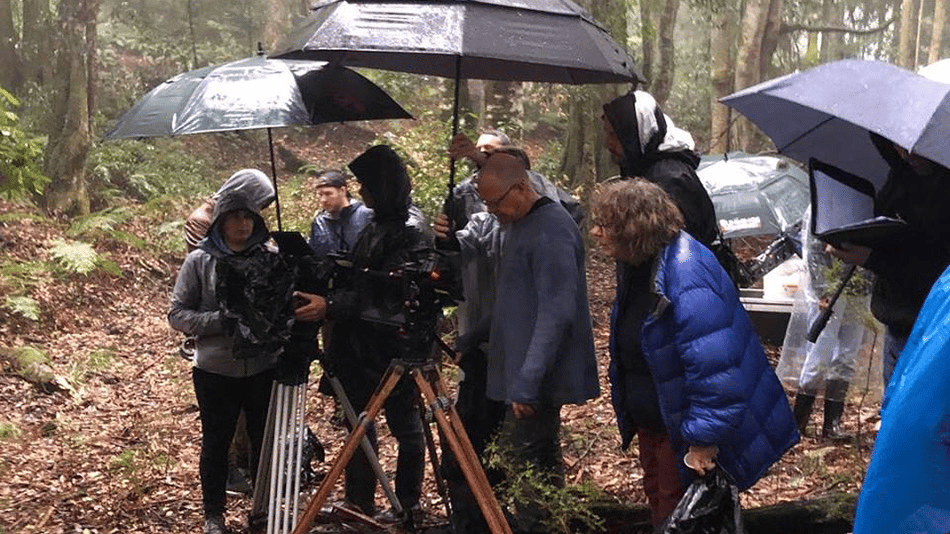 Film crew working under umbrellas in a rainy forest.