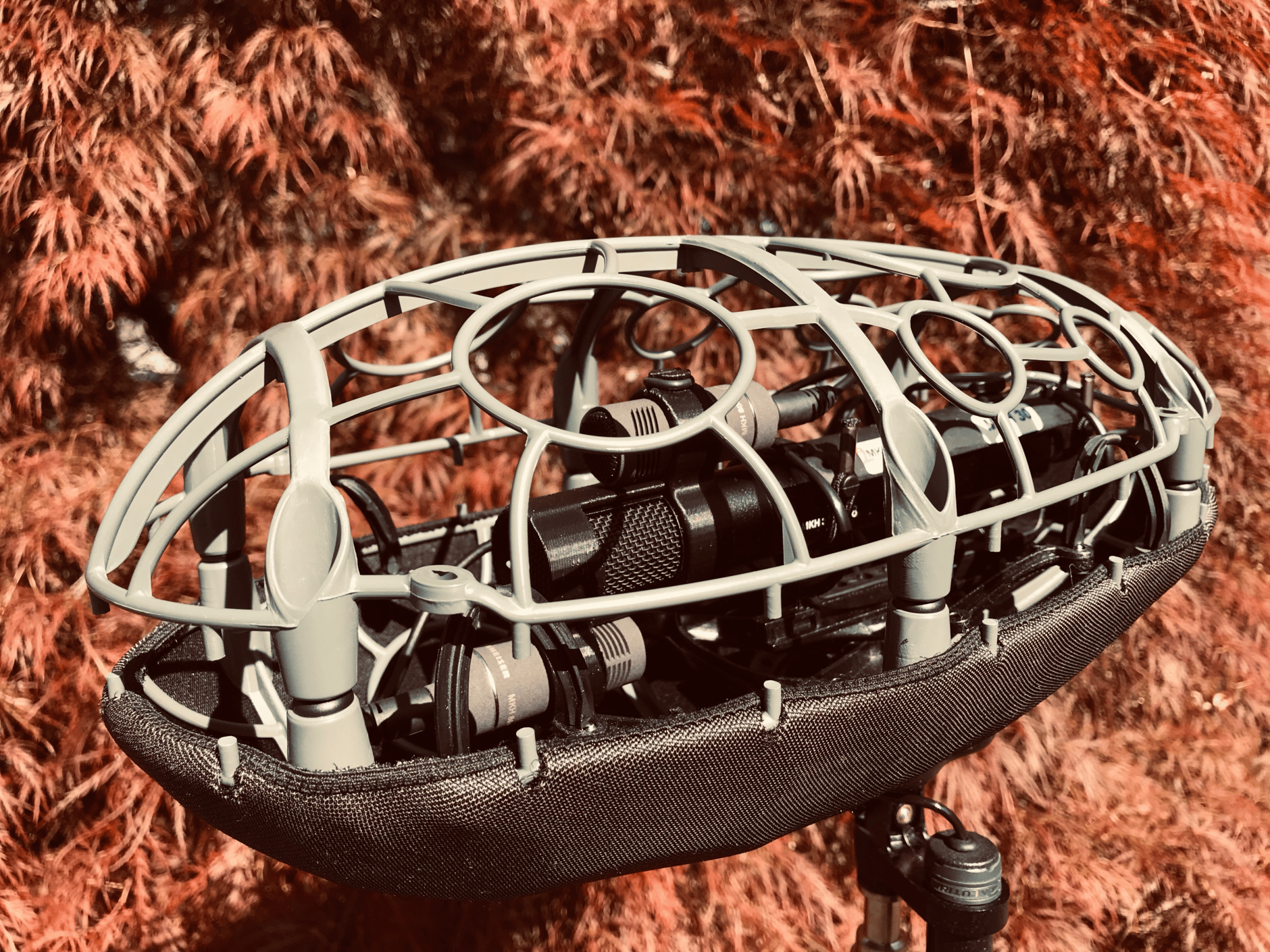 Sennheiser MKH8040 and MKH30 microphones in a double mid-side configuration with a protective cage.