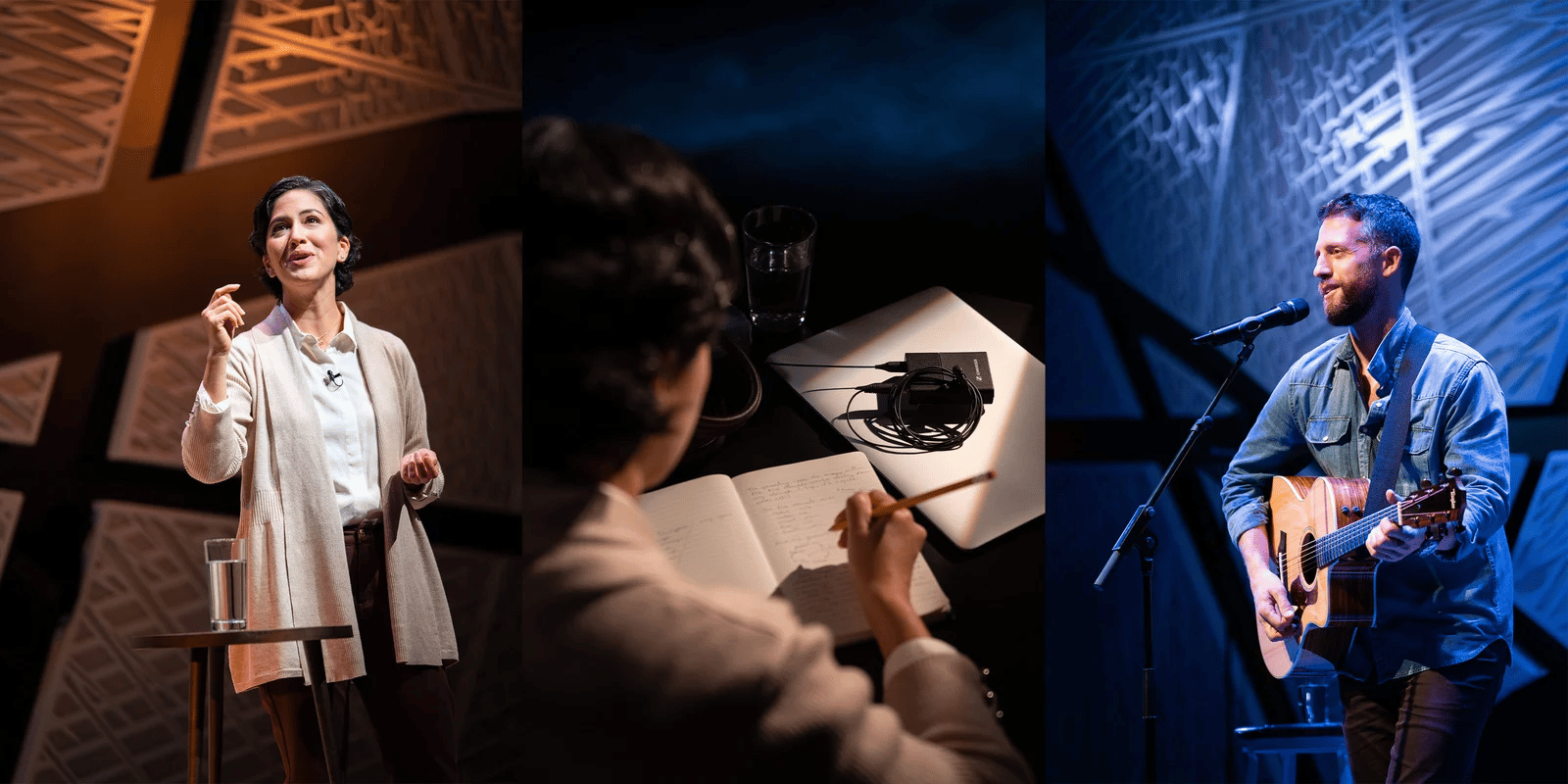 Three individuals using Sennheiser wireless microphones in different settings: a speaker, a writer, and a musician.