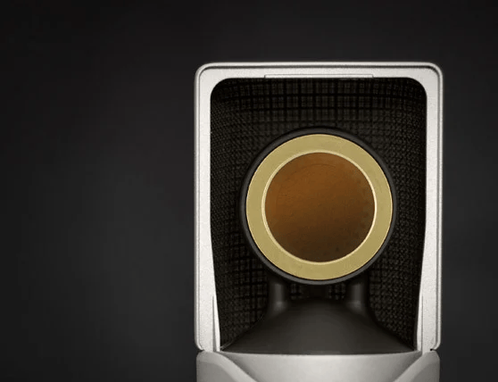 Close-up of Sennheiser MK 2 microphone capsule against a dark background