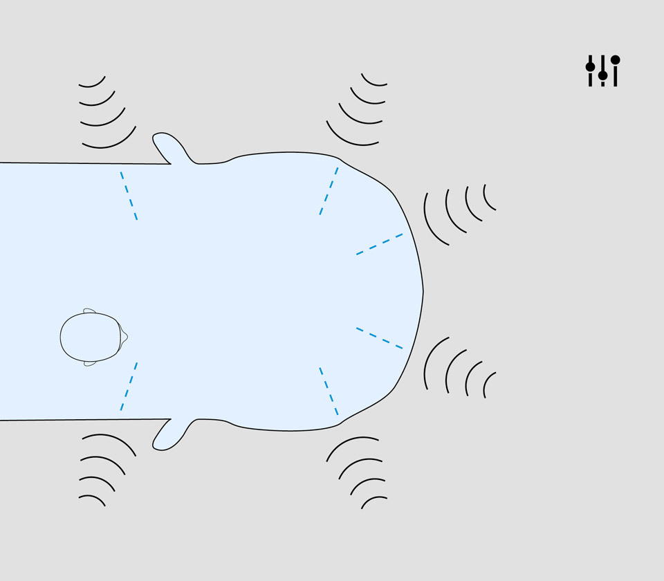 Top view illustration of a car with sound wave patterns indicating a surround sound system.