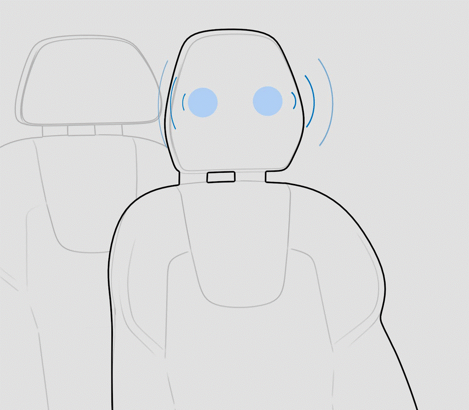 Illustration of Sennheiser speaker system integrated into car headrest.