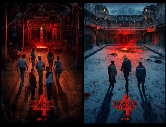 Poster of Stranger Things Season 4 with characters walking towards a red-lit area.