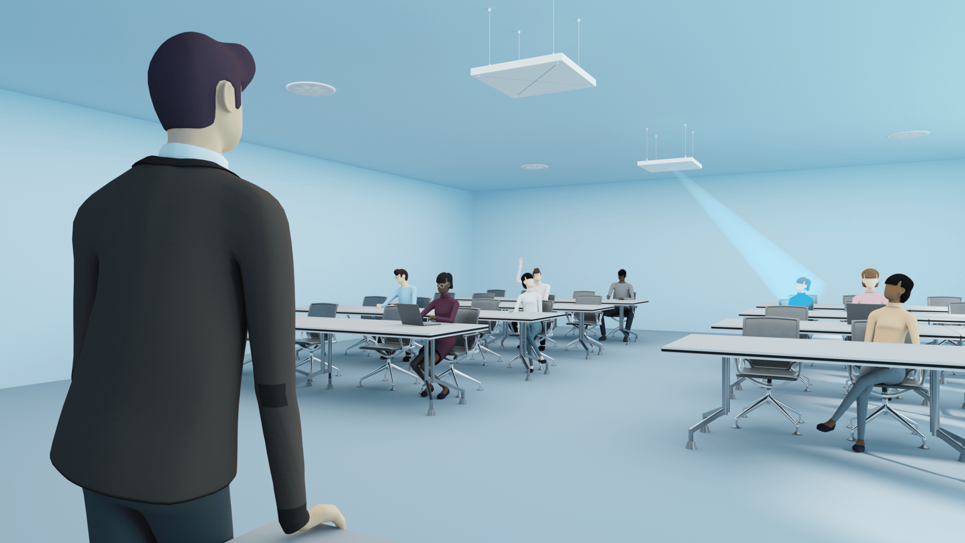 Teacher in a modern classroom with Sennheiser TeamConnect Ceiling 2 technology.