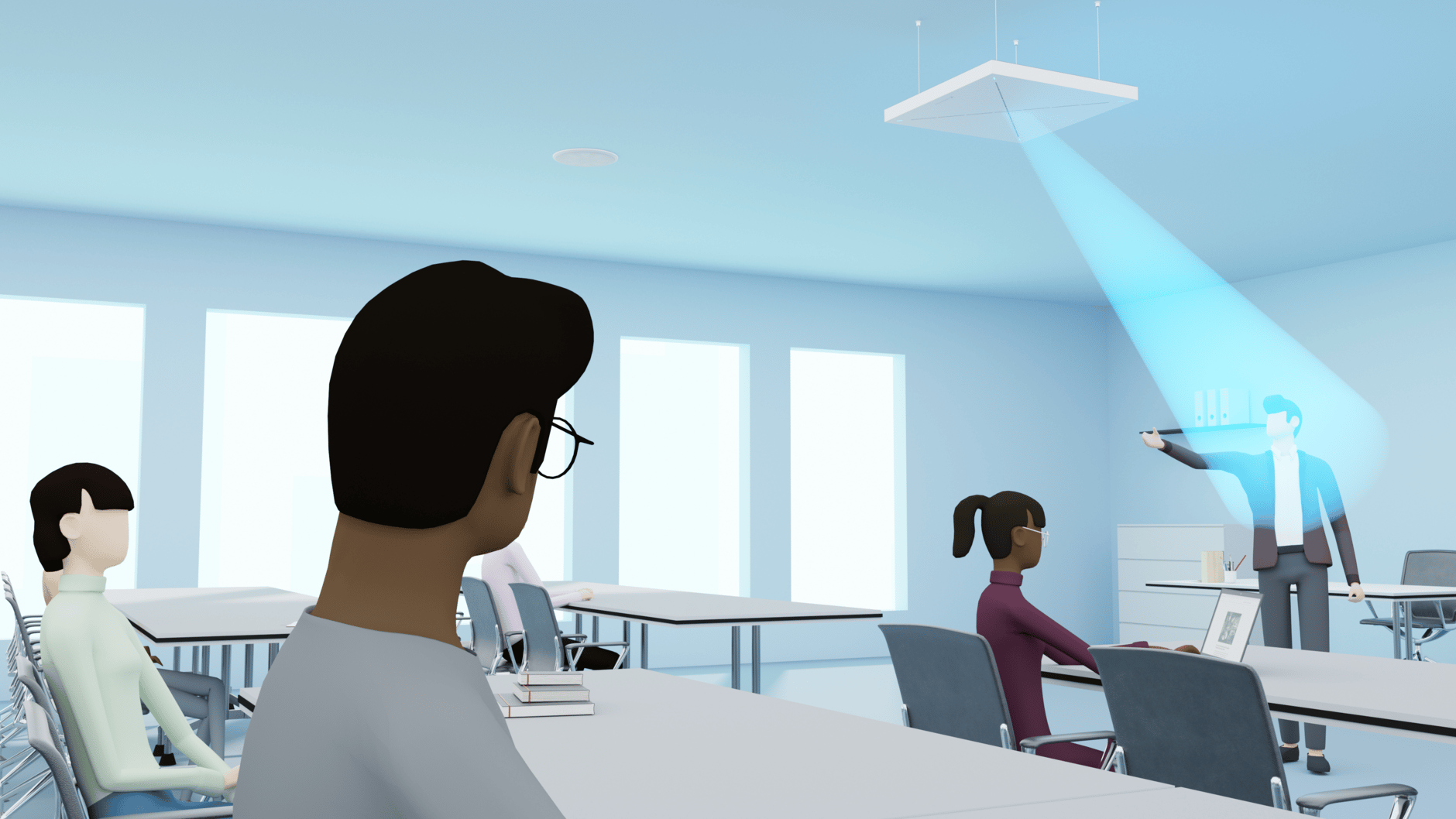 Sennheiser TeamConnect Ceiling 2 beamforming technology in a classroom setting.