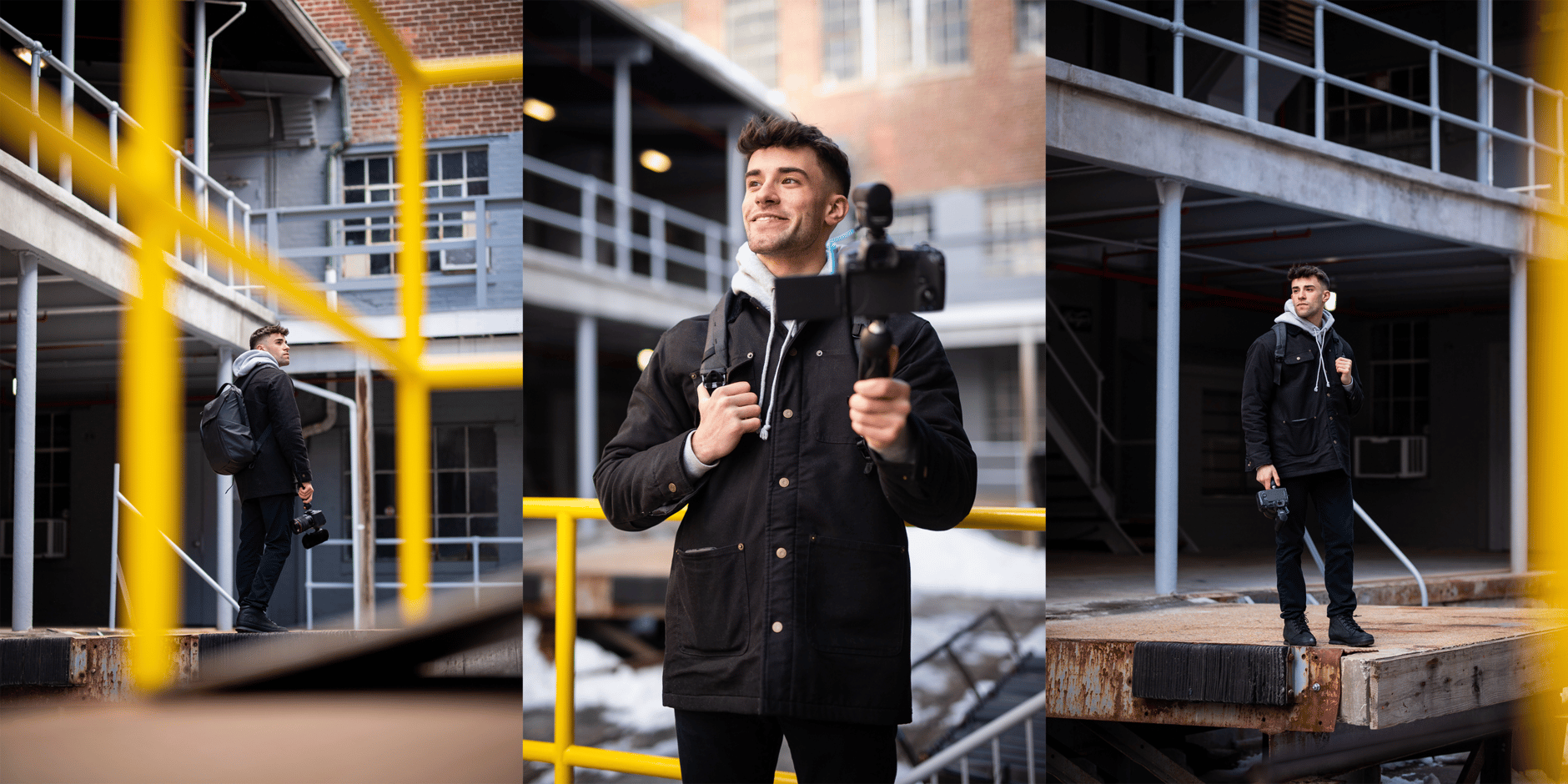 Man holding a camera and microphone setup outdoors.