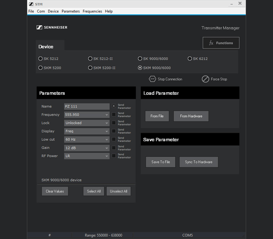 Sennheiser transmitter manager software interface showing device parameters and settings.