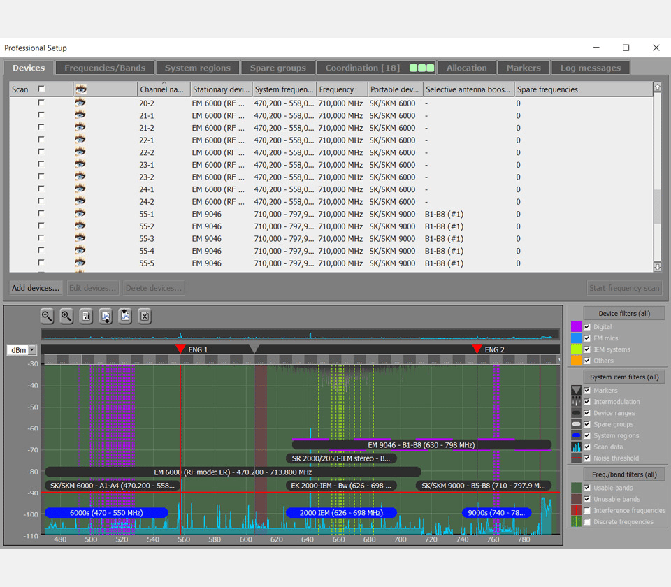 Sennheiser Wireless Systems Manager software interface displaying frequency coordination and device management.