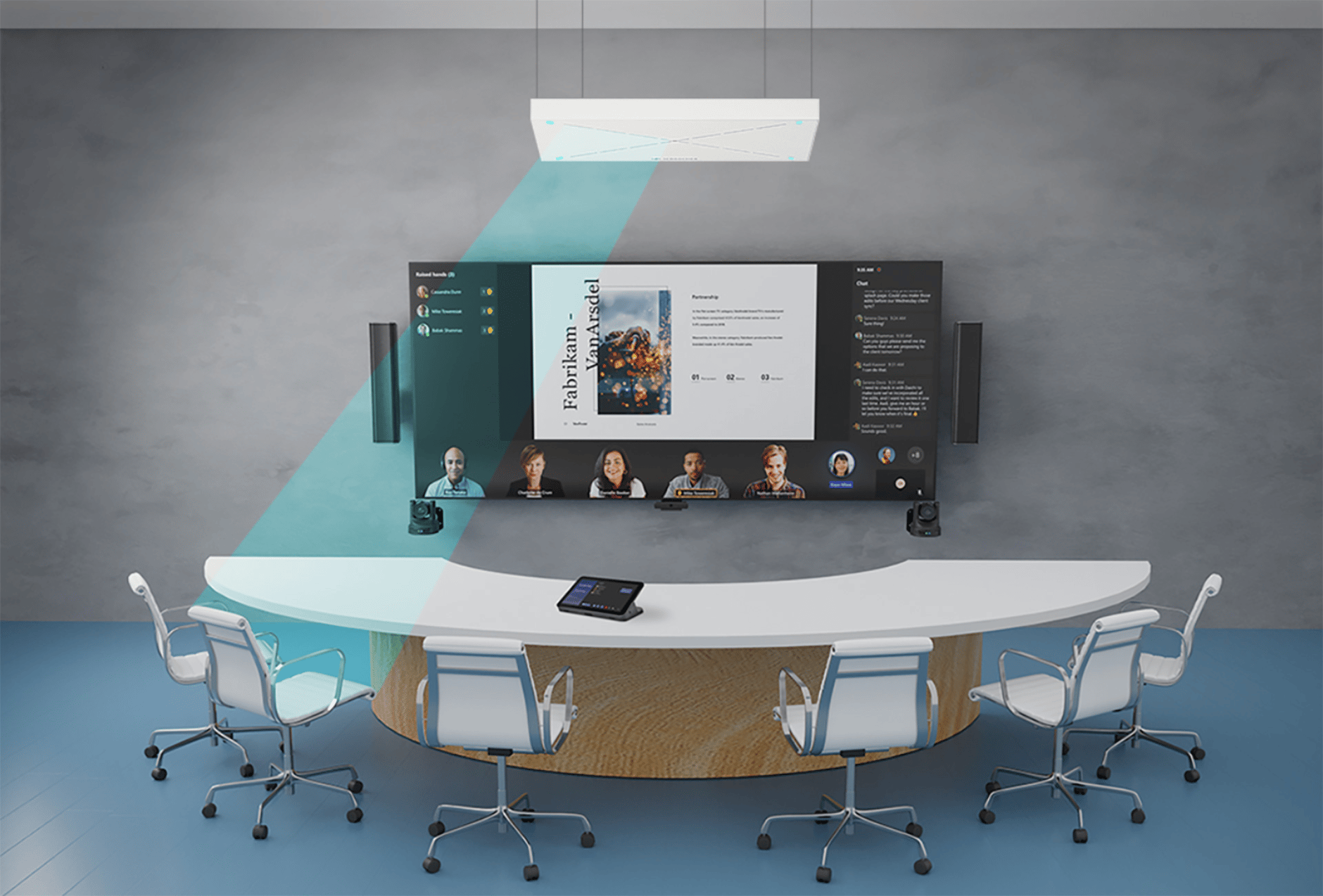 Modern conference room with video conferencing setup and large screen displaying a virtual meeting.