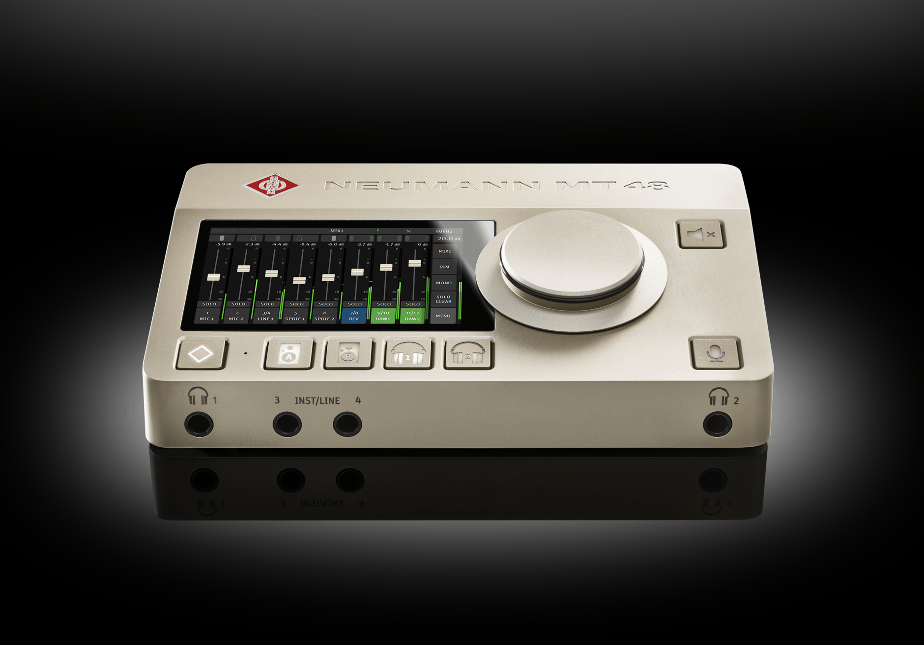 Neumann MT 48 audio interface with control knobs and input ports.