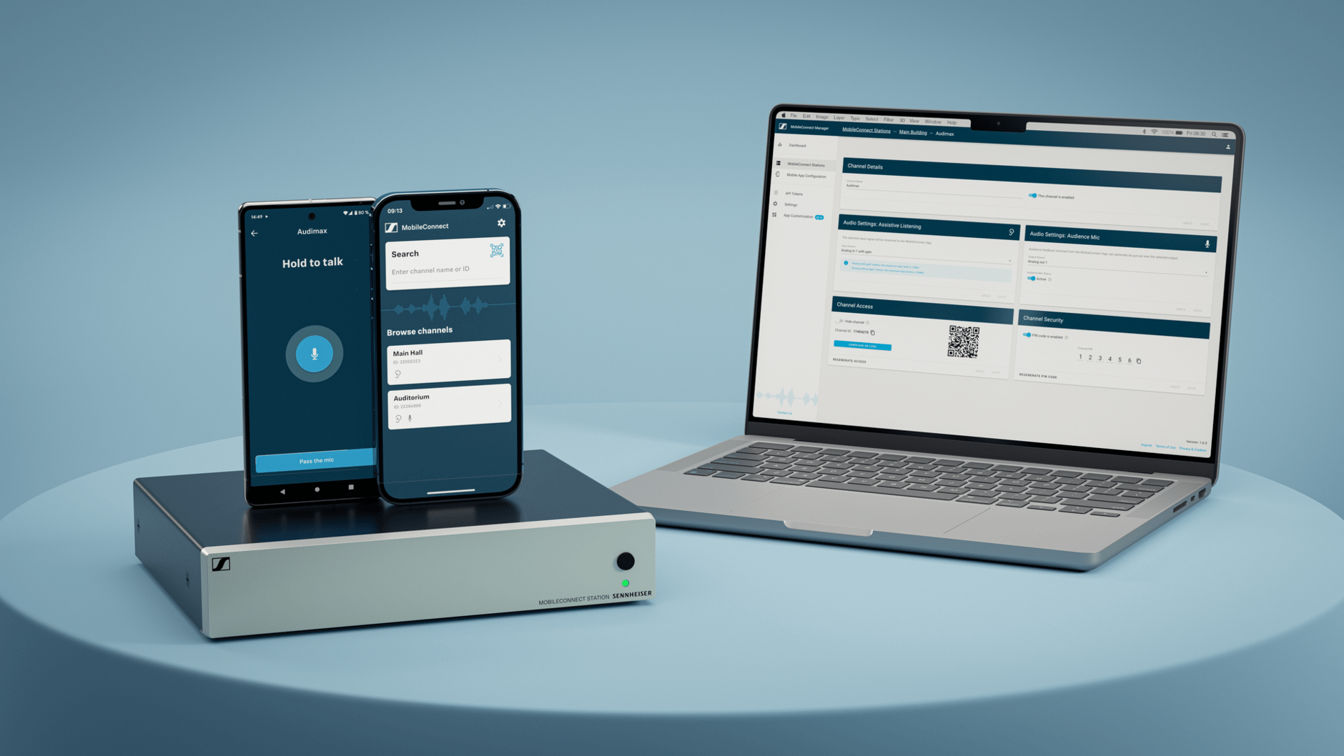 Sennheiser MobileConnect system with smartphones and laptop displaying interface.