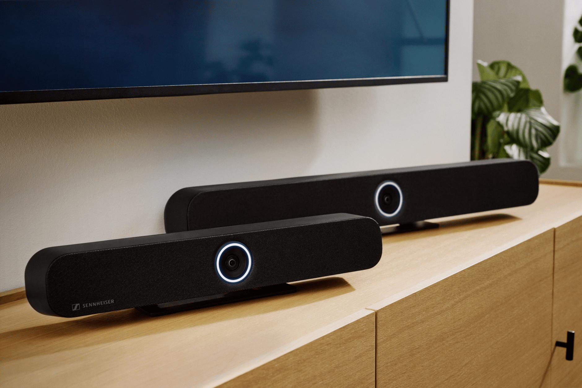 Sennheiser TeamConnect Bar Set on Wooden Cabinet
