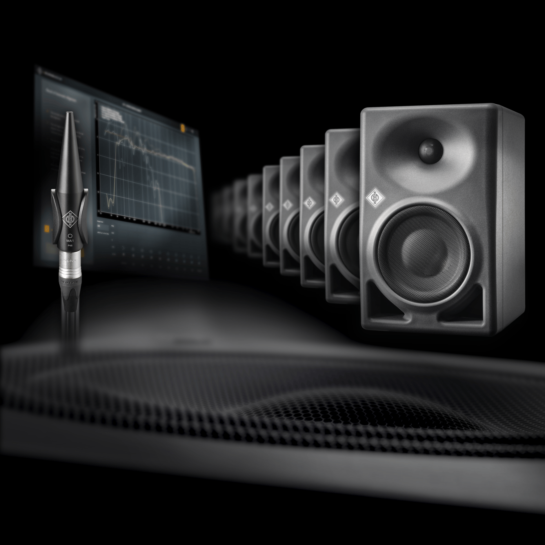Sennheiser audio equipment including microphone and multiple speakers with sound wave visualization on a black background.
