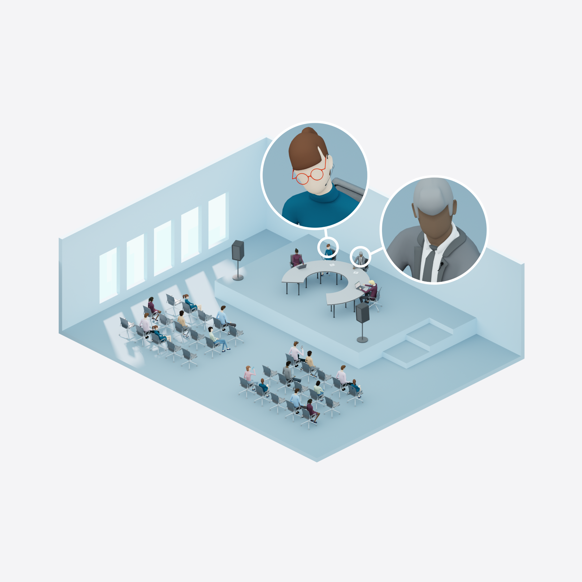 Conference room with audience and speakers at a panel discussion.