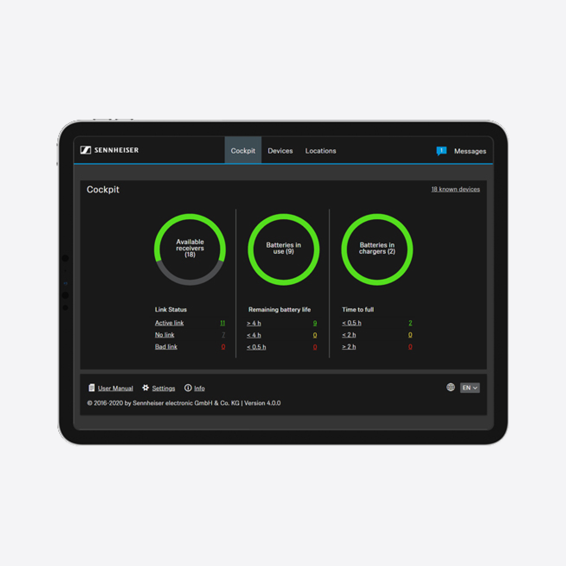 Sennheiser cockpit interface on a tablet screen displaying battery status and device information.