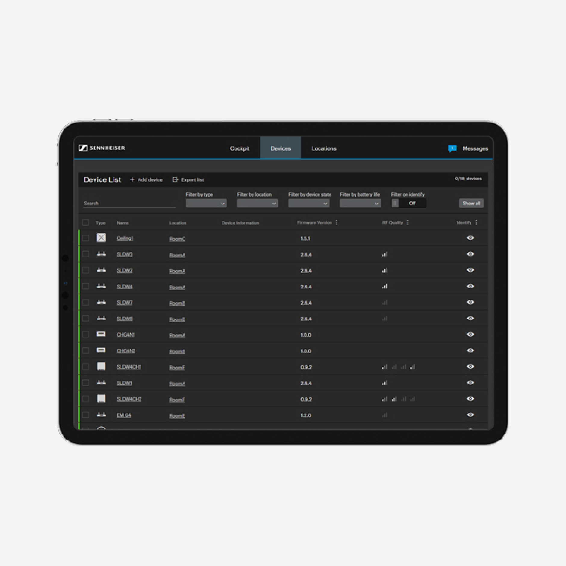 Sennheiser device management interface on tablet screen