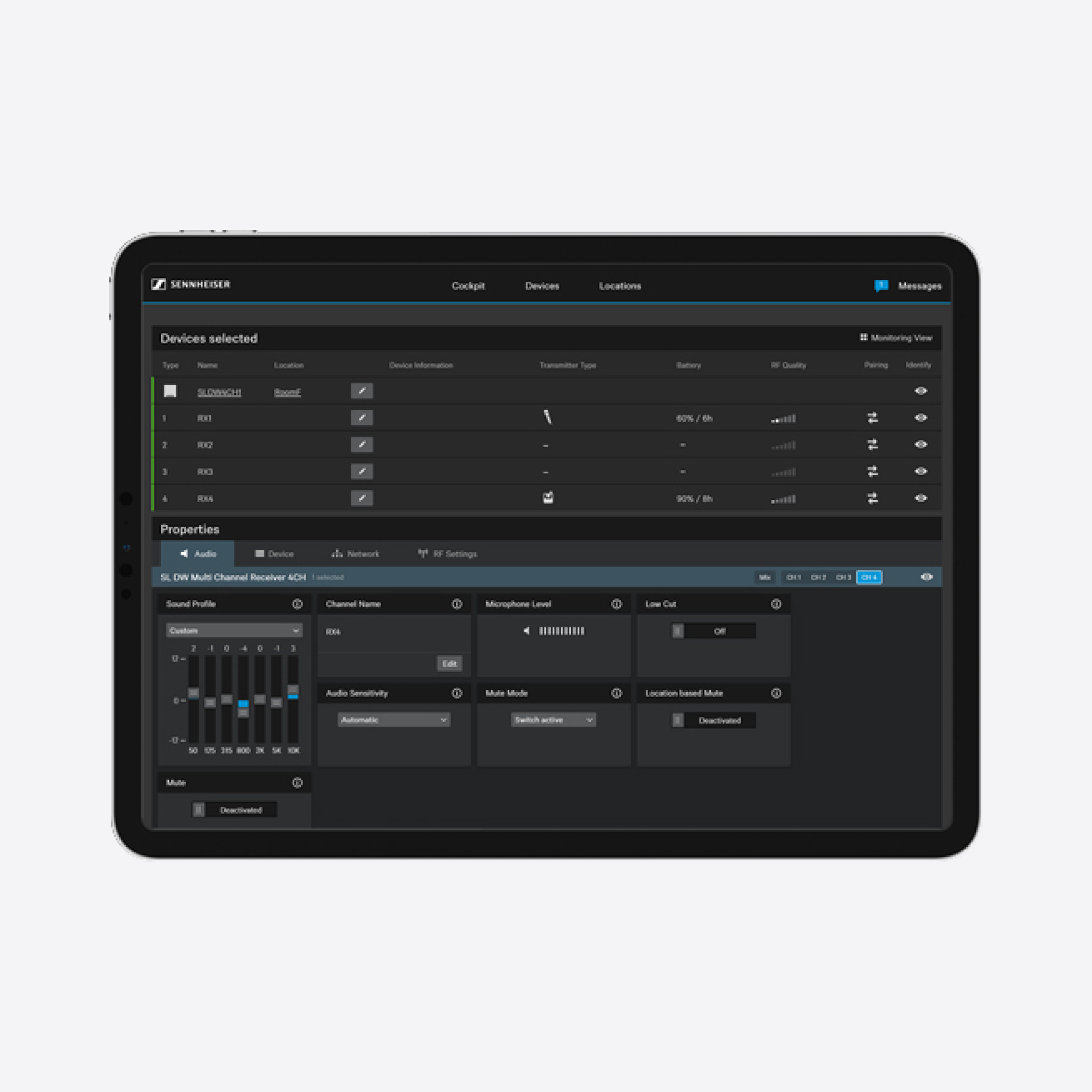Sennheiser Control Cockpit software interface on tablet screen