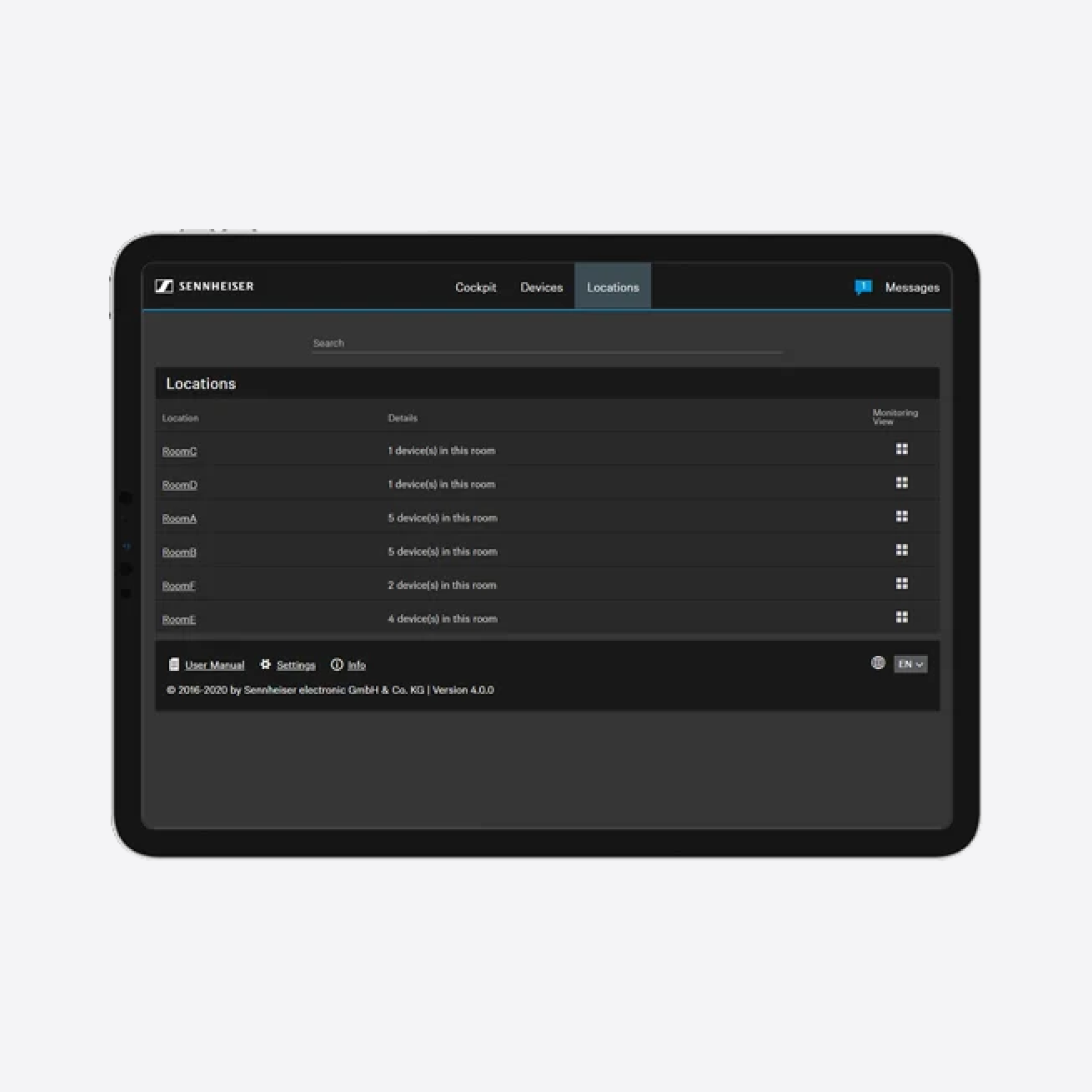 Sennheiser control panel interface displaying device locations on a tablet screen.