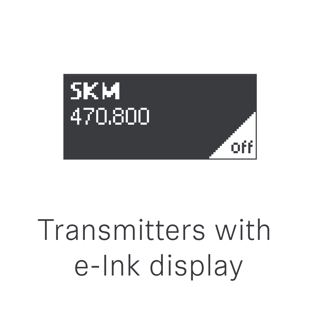 Transmitter with e-Ink display showing frequency and off status.