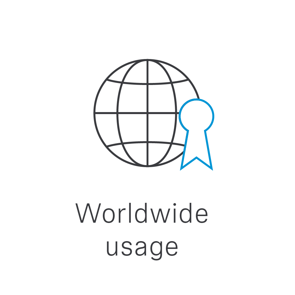 Globe icon with ribbon representing worldwide usage.