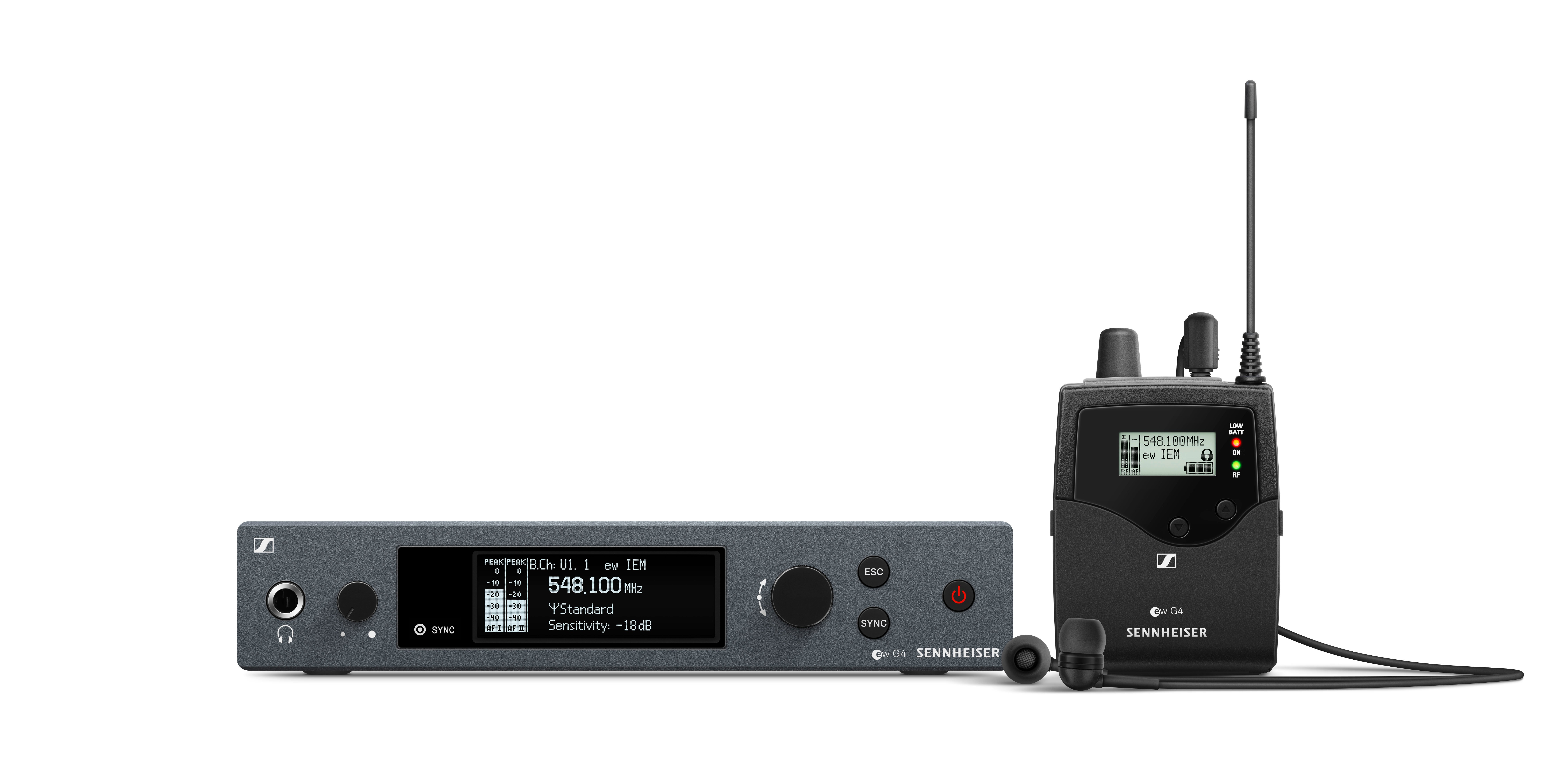 Sennheiser Evolution Wireless G4 IEM Monitoring Set with receiver and transmitter.