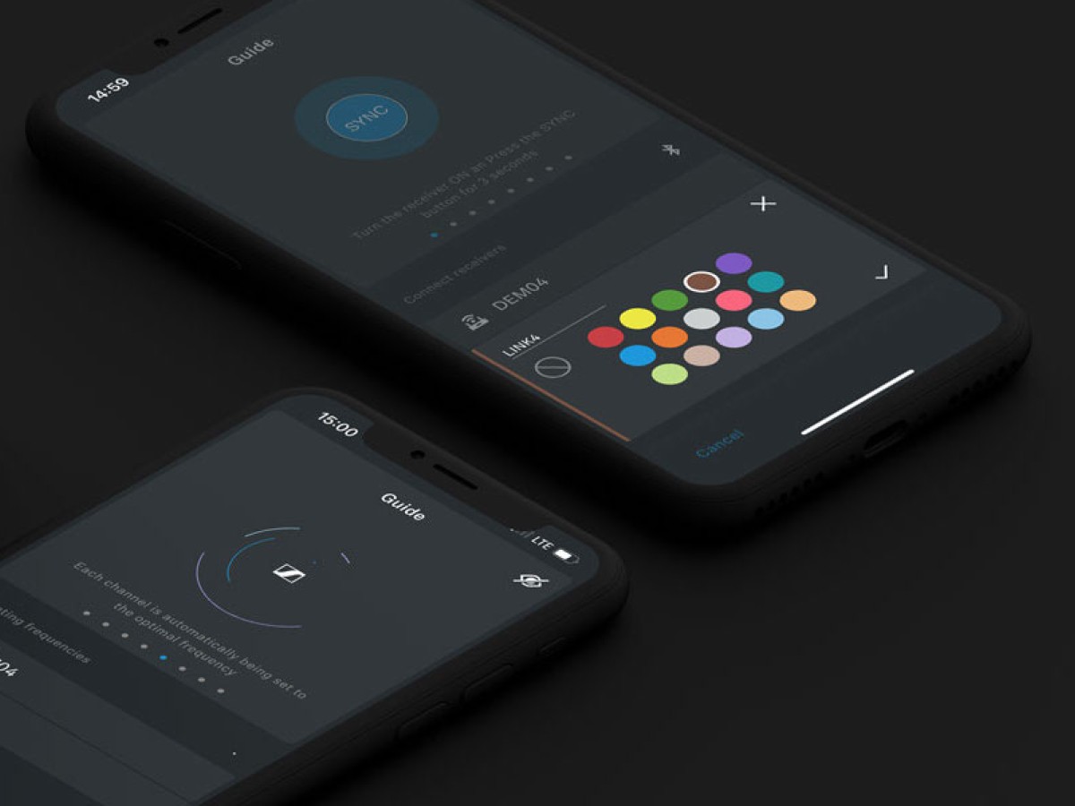 Sennheiser Smart Assist app interface on two smartphones displaying sync and color customization options.